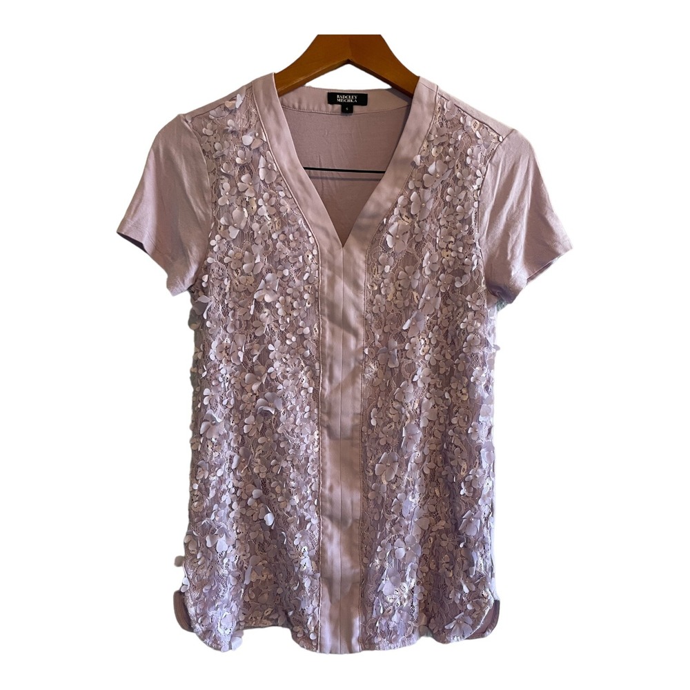 Badgley Mischka Top Blouse Size Small Purple Floral Applique Fairy Feminine
